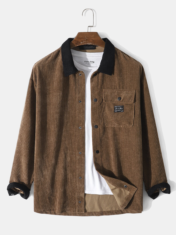 Men Corduroy Contrast Patchwork Snap Button Flap Pocket Casual Shirt