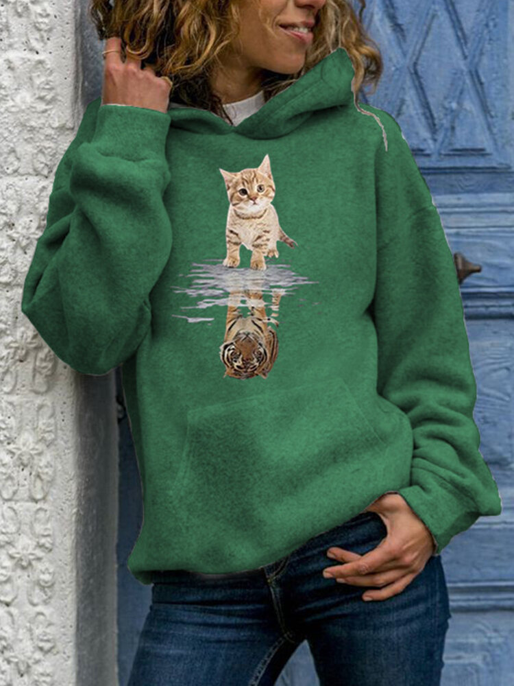 Women Cute Cat Graphic Print Long Sleeve Casual Pullover Hoodie
