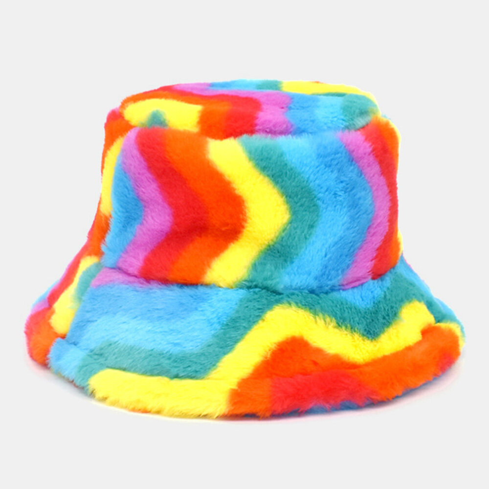 Unisex nep konijnenbont regenboog kleur gestreepte dikker outdoor warmte emmer hoed