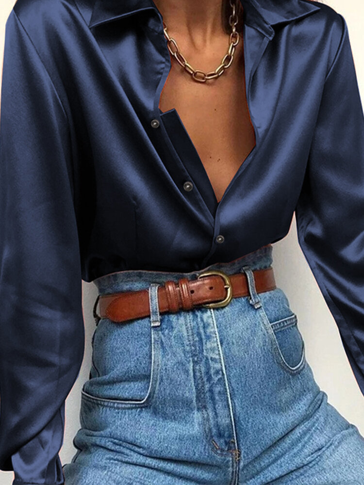 Women Basic Satin Button Lapel Comfy Loose Casual Long Sleeve Shirts