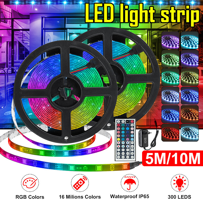 16FT 32FT 5M 10M LED Strip Light Waterproof 5050 RGB Flexible Lamp TV Party DC12V+44Keys Remote Cont