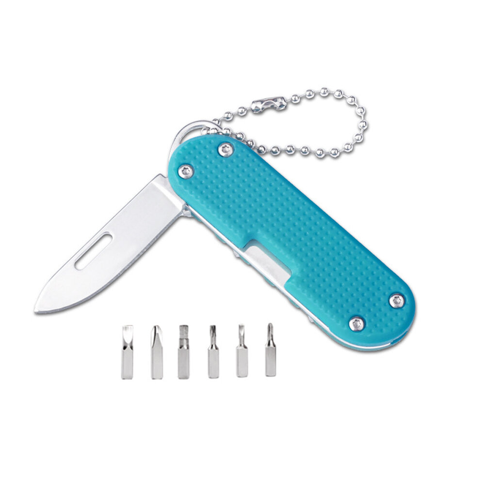 Couteau pliant multifonctionnel portable avec chaîne porte-clés et 6 têtes de tournevis pour une utilisation en extérieur, camping et voyage.