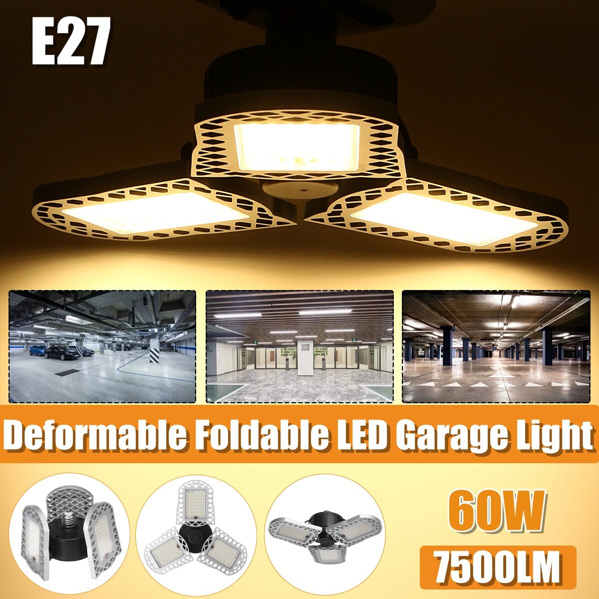 

60W LED Garage E27 Light Bulb Deformable Ceiling Fixture Lights Shop Workshop Lamp