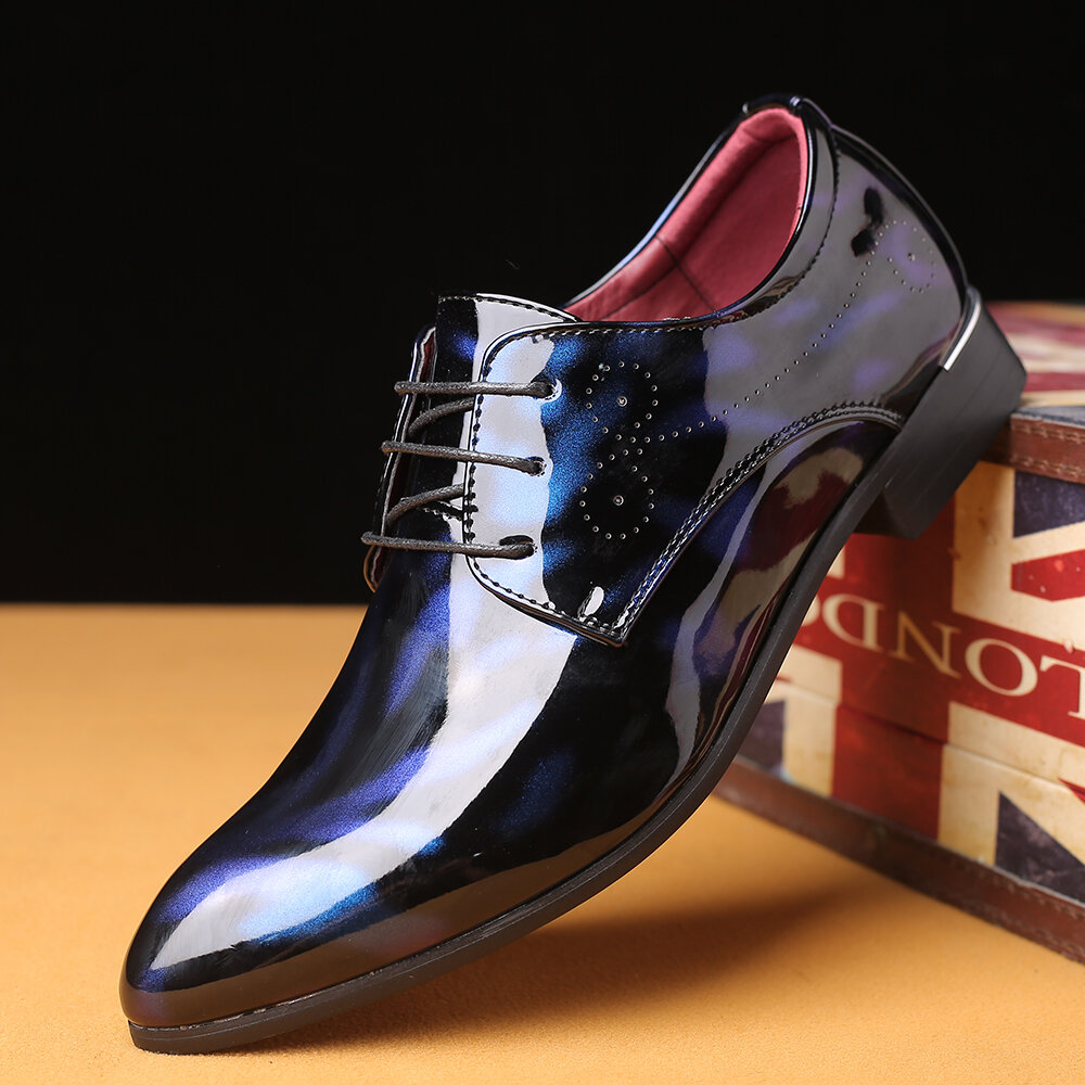 Men Fashion Dress Business Shoe Pointed Toe Floral Patent Leather Lace Up Oxford 