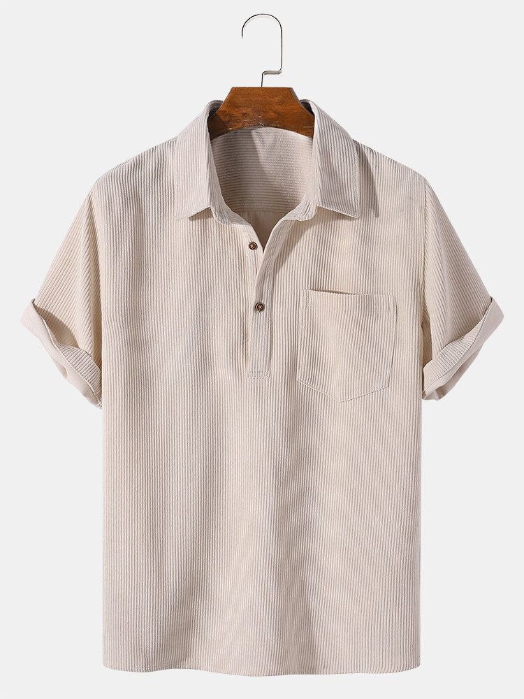 

Mens Corduroy Solid Color Lapel Short Sleeve Henley Shirt