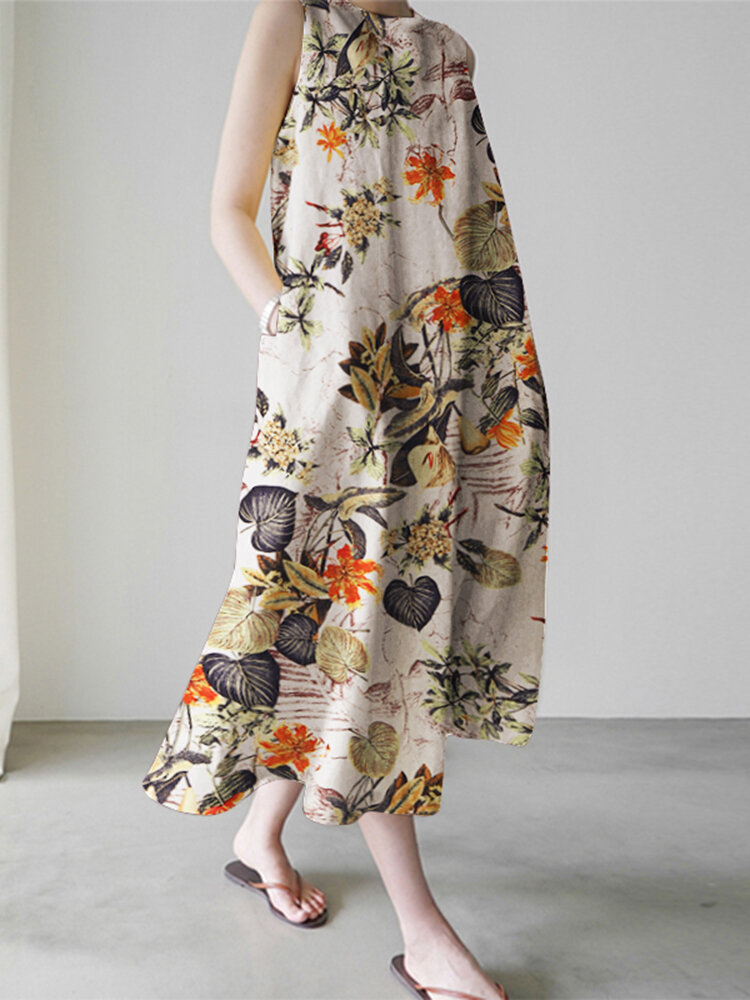 Women Plant Floral Print Sleeveless Loose Maxi Dress With Side Pocket