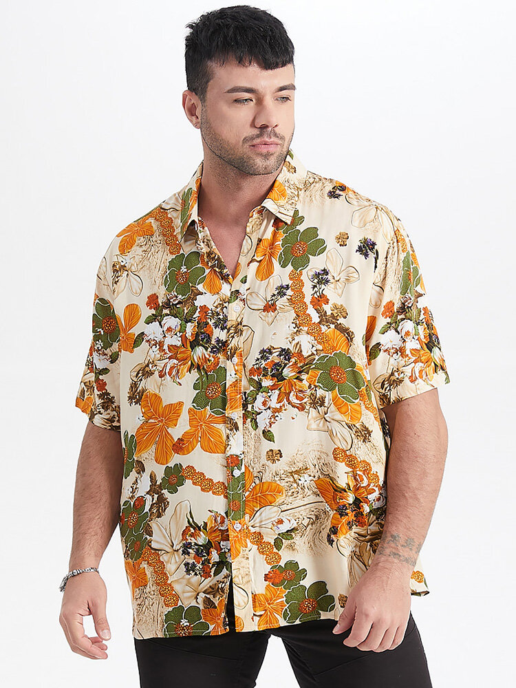 

Plus Size Mens Plant Floral Print Short Sleeve Hawaii Casual Shirts