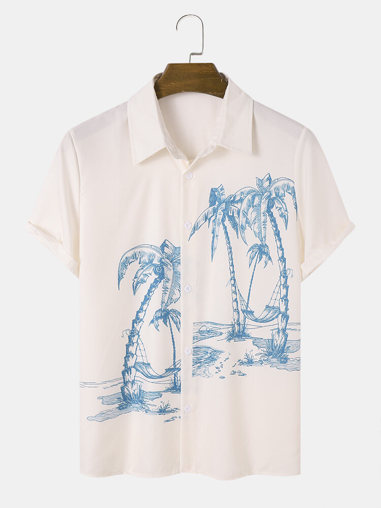 Heren casual overhemden met kokospalmprint en korte mouwen
