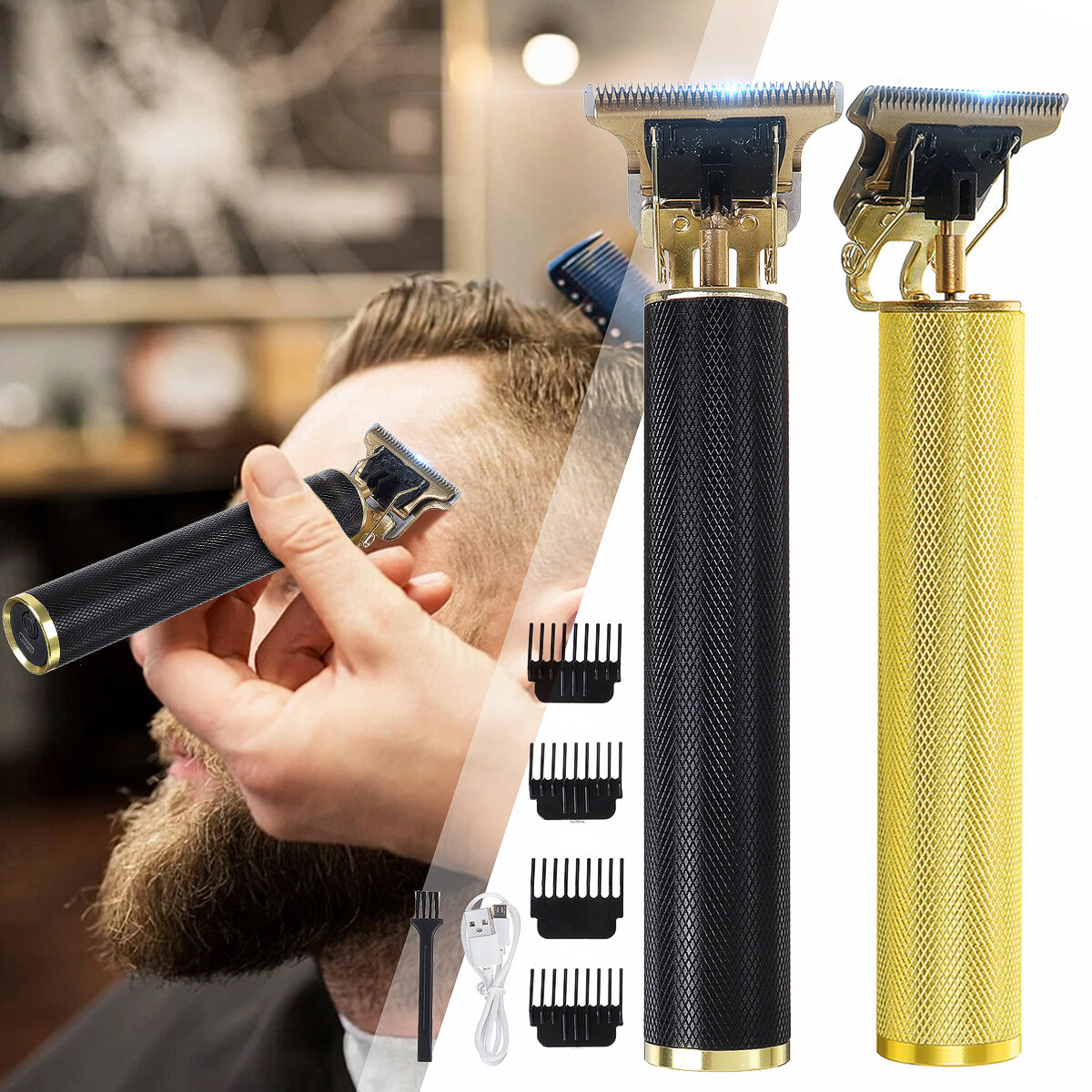 Kit de barbear elétrico para homens, baixo ruído USB de carregamento à prova dágua Cabelo Conjunto de picador com p
