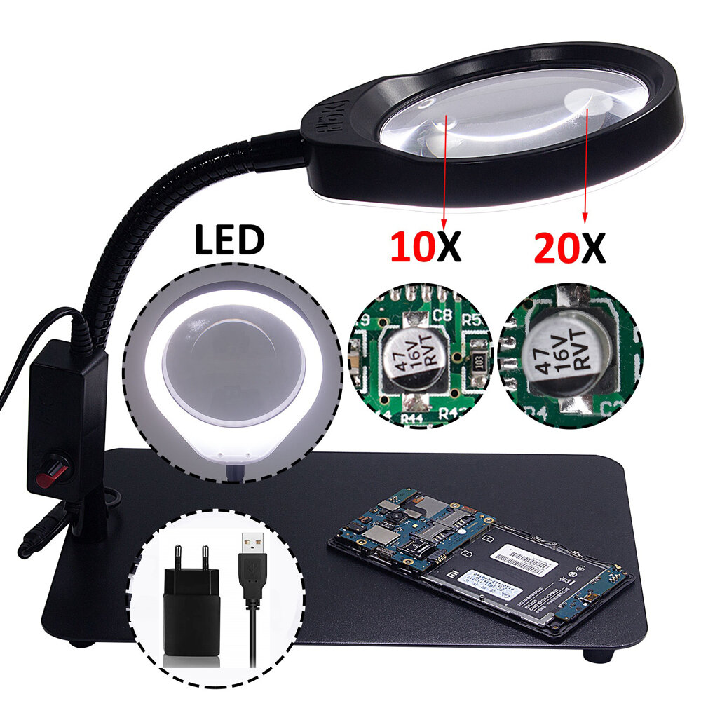 

PD-032C 10/20X Magnifier Lamp Magnifying Glass with 48 Led Lights Metal Base USB Interface