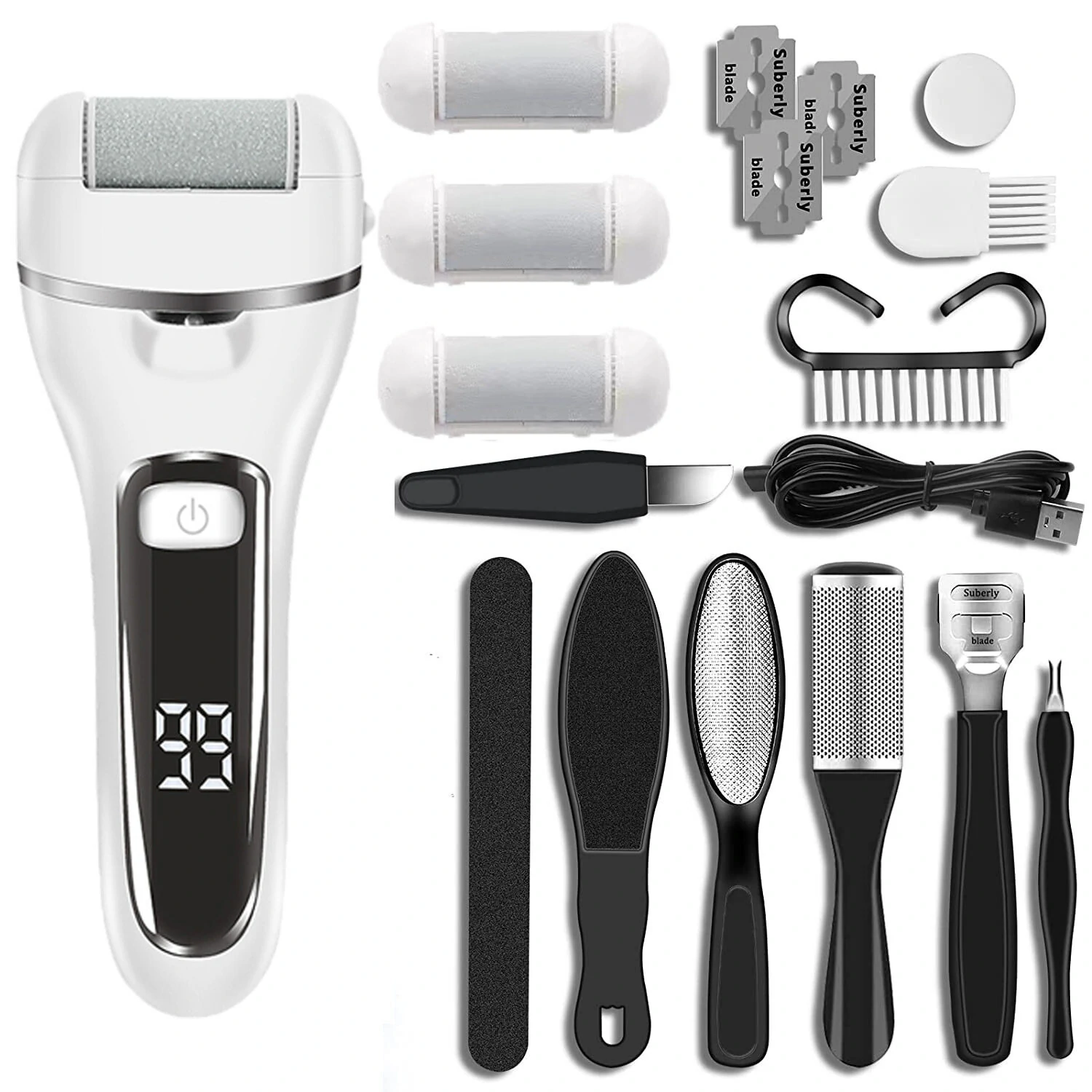 White Foot Callus Remover Electric Callus Remover Foot Grinder 10 in1 Pedicure Kit for Feet