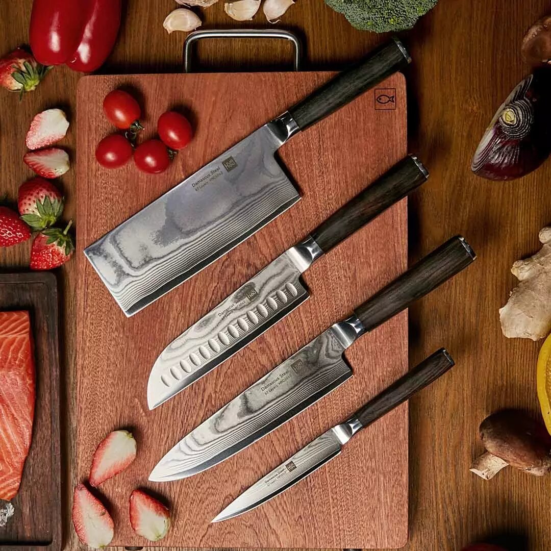 HUOHOU 4 قطعة طقم سكاكين مطبخ دمشق 67 طبقة مغطاة غير القابل للصدأ سكين فولاذي عالمي Santoku شيف تقطيع سكين أفضل هدية للش