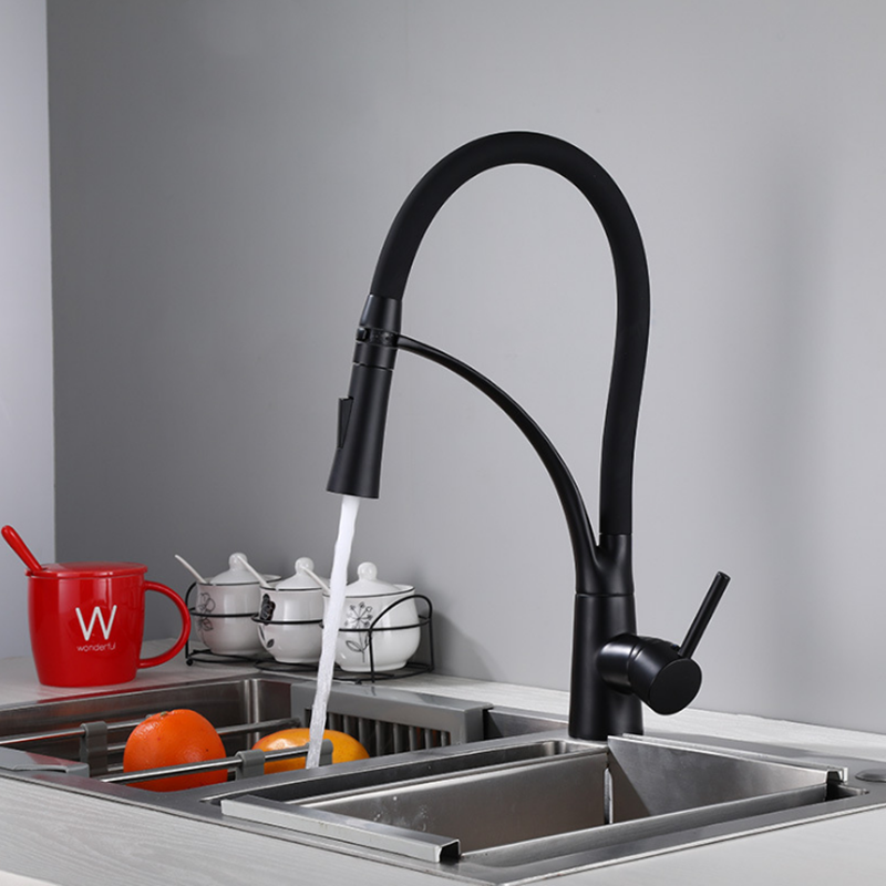 

Окрашенный черный кран для кухонной раковины, латунный смеситель, кран, два режима воды, вращение на 360 °, смеситель с