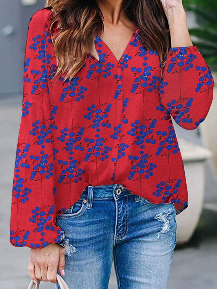 Floral Print Casual V Neck Long Sleeve Blouse