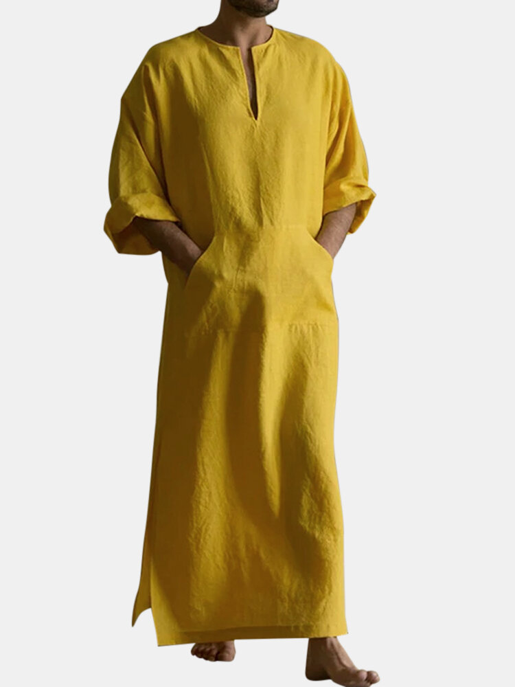 Mens Mustard Set Cotton Crew Neck Neckline Slit 3/4 Length Sleeve Long Length Gown Shirts