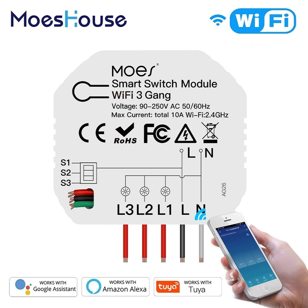 

MoesHouse Mini DIY WiFi Smart Light Switch 3 Gang 1/2 Way Module Smart Life/Tuya App Control Works with Amazon Alexa Goo