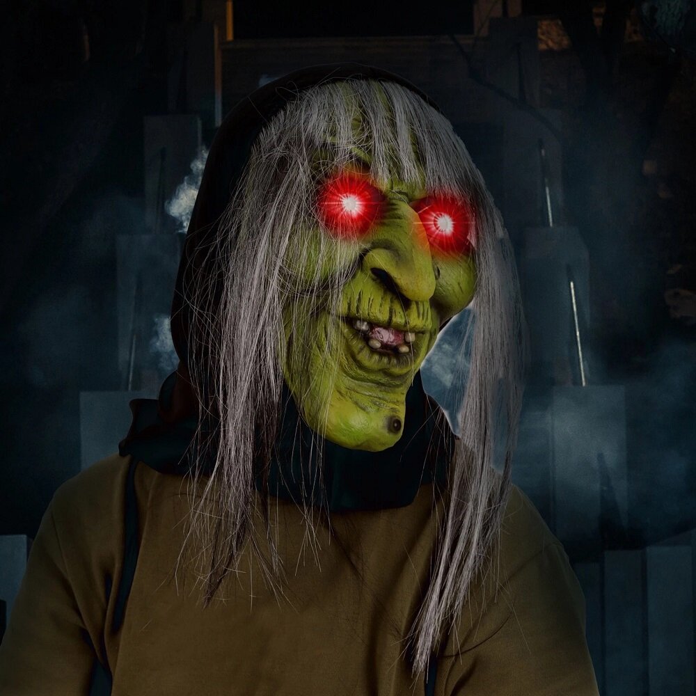 LED Scary Witch Masks Wig Horror Full Head Latex Headgear Prom Props Luminous Halloween Mask