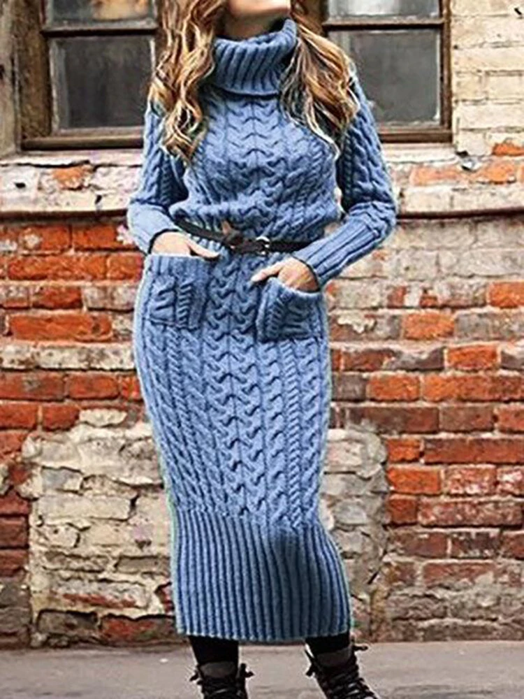 Pure color high collar long sleeve knit sweater dress
