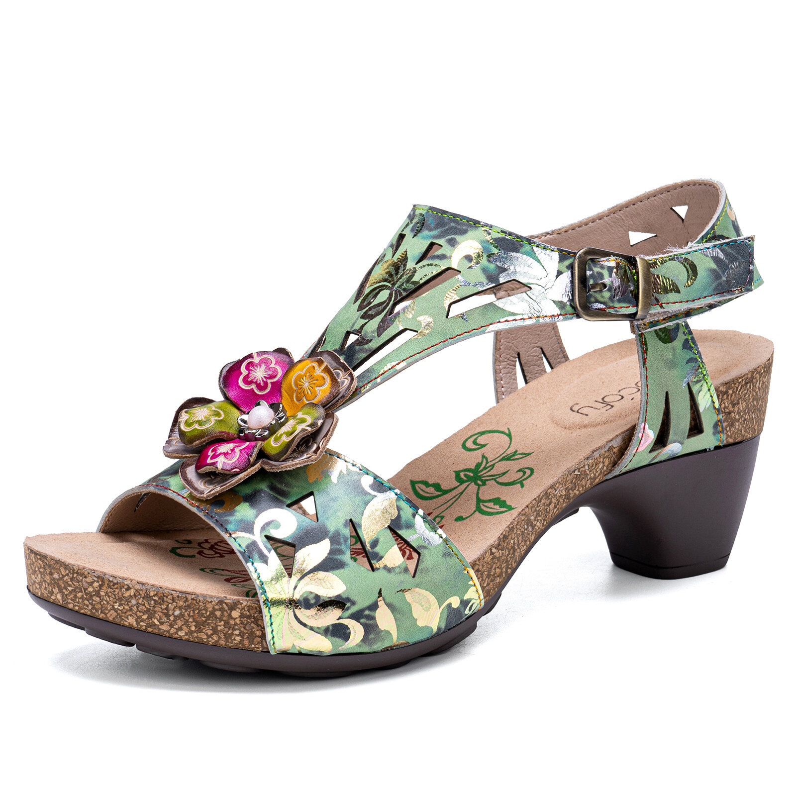 Socofy Genuine Leather Casual Bohemian Sequins T-Strap Heeled Sandals