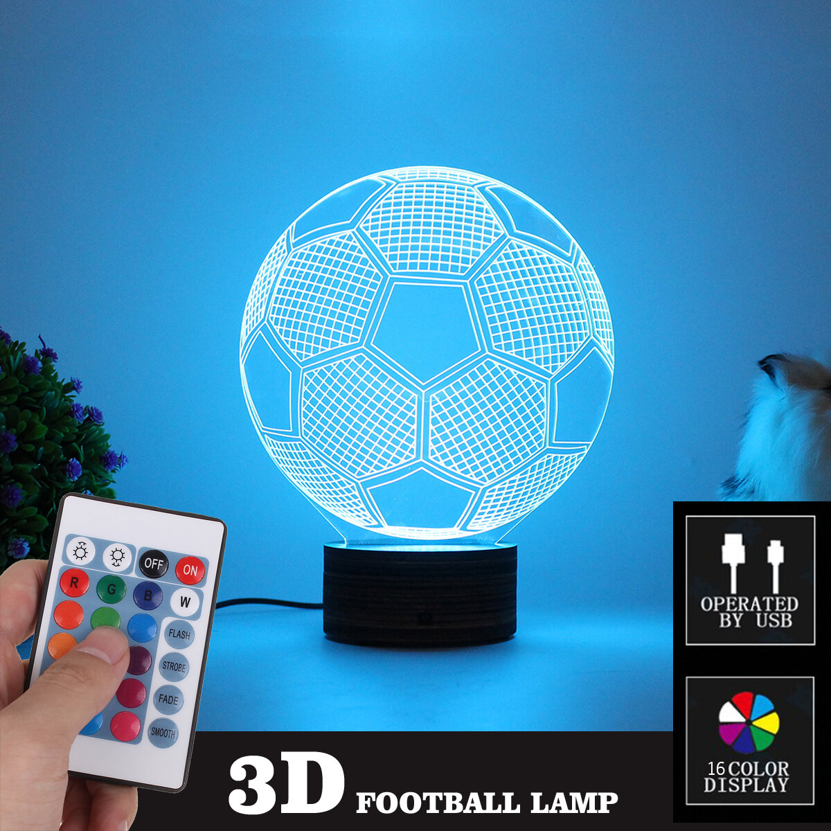 3D Football LED Night Light 16 Color Adjustable USB 4 Mode Lamp + Remote Control
