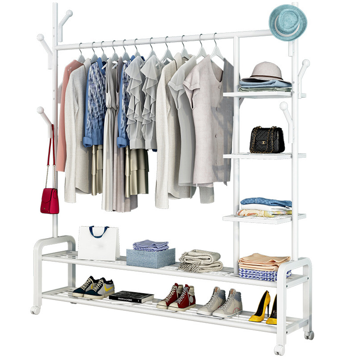 

ANLIN X-003 Portable Metal Clothes Organizer Closet Hanger Shoes Storage Rack Garment Shelf