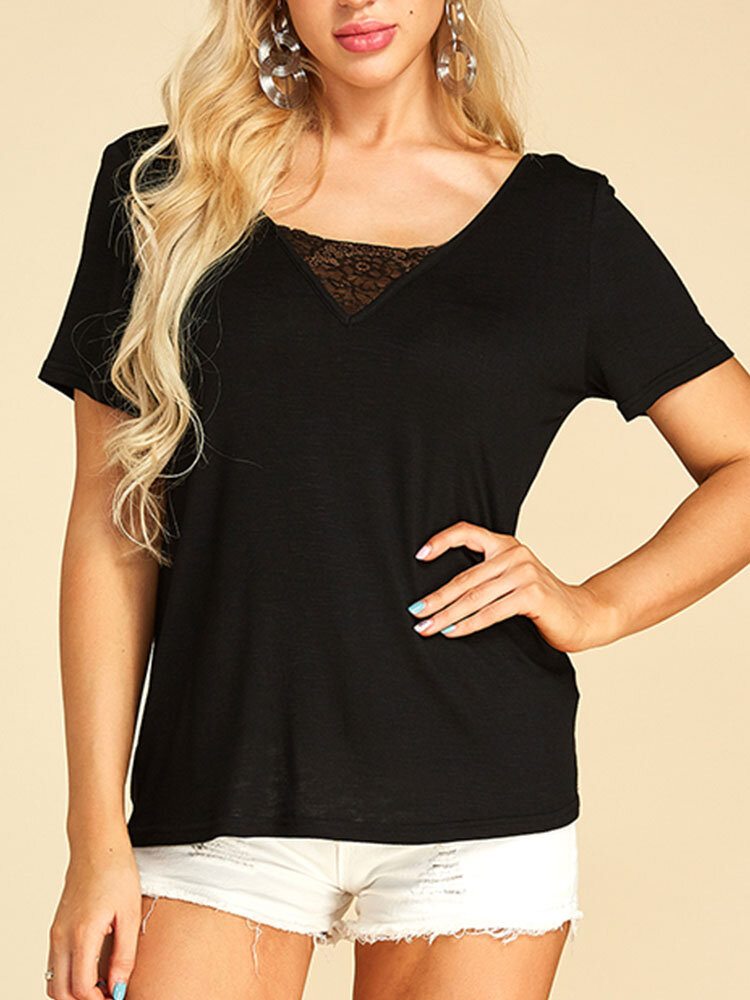 

YOINS Черная футболка с кружевной вставкой и V-образным вырезом с короткими рукавами