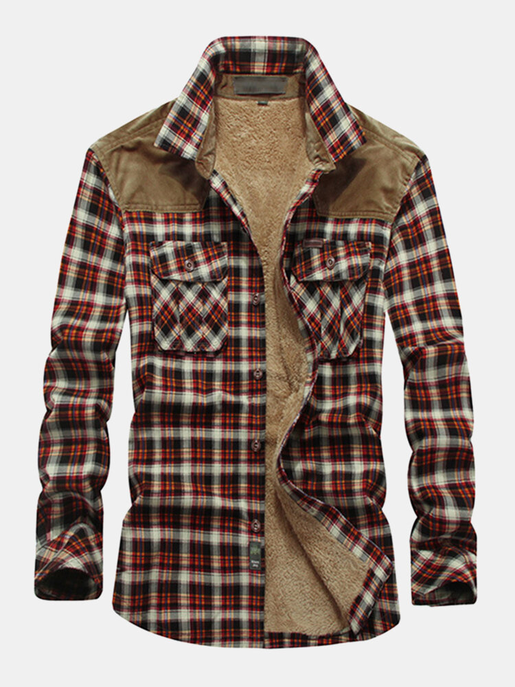 Heren Classic geruite Piush bekleed met lange mouwen revers dik vintage overhemd jas