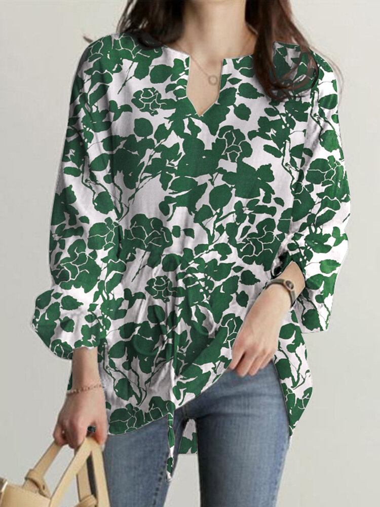 Willekeurige blouse met all-over bladeren en trekkoord in de taille