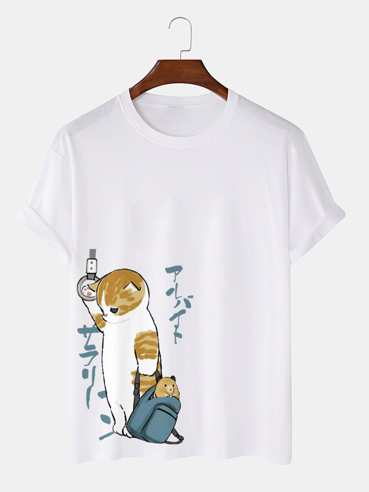 Heren T-shirts in Japanse stijl met kattenprint, ronde hals, katoenen korte mouwen