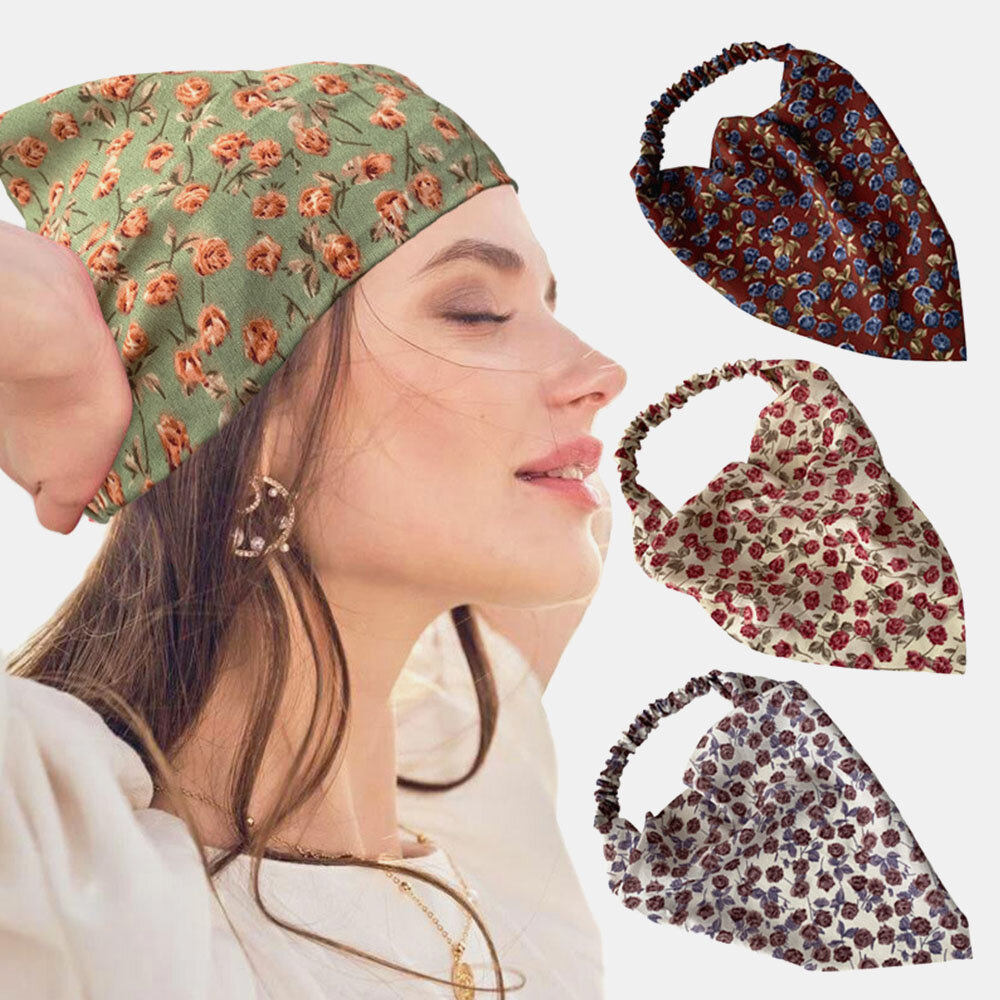 Women Chiffon Floral Pattern Elastic Square Scarf Fashion Triangle Scarf Headband Headscarf Headwear