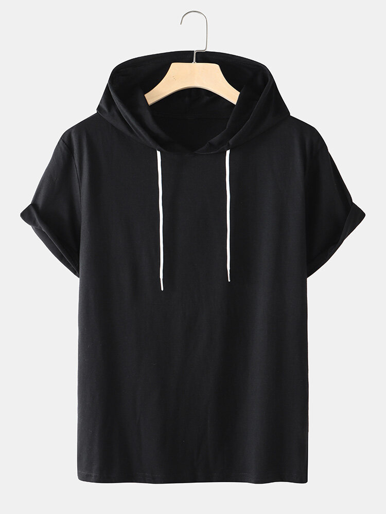 Mens Solid Color Basics Short Sleeve Drawstring Hooded T-Shirts