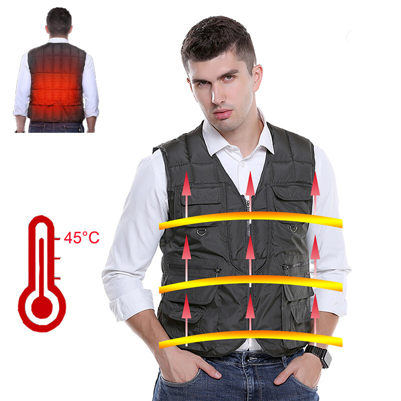 Colete aquecido TENGOO masculino jaqueta elétrica de inverno para homem Carregamento USB Coletes de aquecimento de 3 modos para pesca ao ar livre e caminhadas