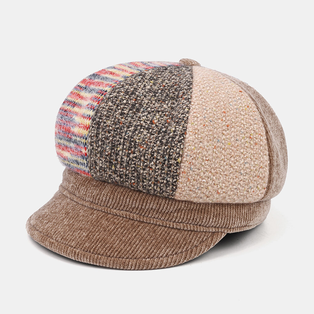 

Unsiex Corduroy Patchwork Color Warm All-match Casual Newsboy Hat Octagonal Hat Beret Hat