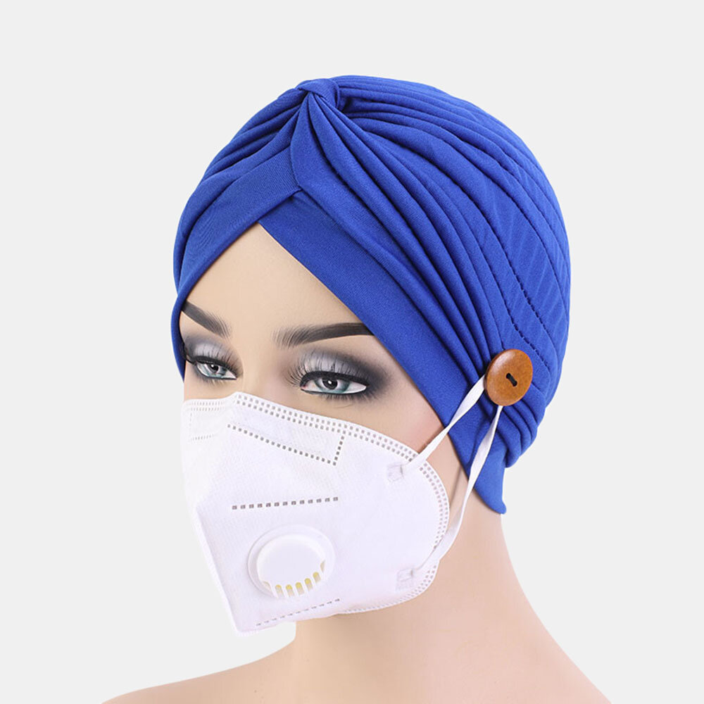 Solid Color Beanie National Style Button Mountable Ears Prevent Strangulation Bandana