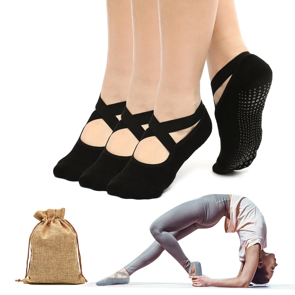CHARMINER 2 szt./3 szt. Pasek krzyżowy Yoga Skarpetki Antypoślizgowe i oddychające Odpowiednie do baletu Pilates Yoga dla kobiet