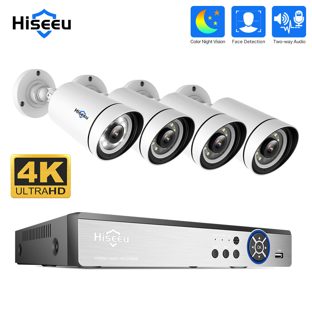 Hiseeu 4K UHD 4CH 8MP PoE Security Camera Kit Color Night Vision Two-way Audio Humanoid Detection Remote APP Viewing Outdoors IP Monitoring Cameras Kit