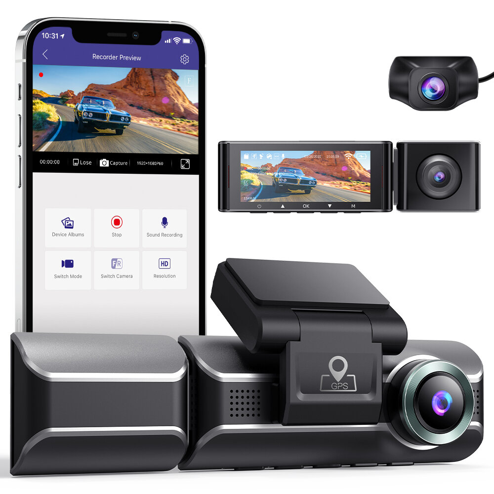 AZDOME M550 Dash Cam 3 Kanaals Voor Binnen Achter 2K + 1080P + 1080P Auto Dashboard Camera Recorder 