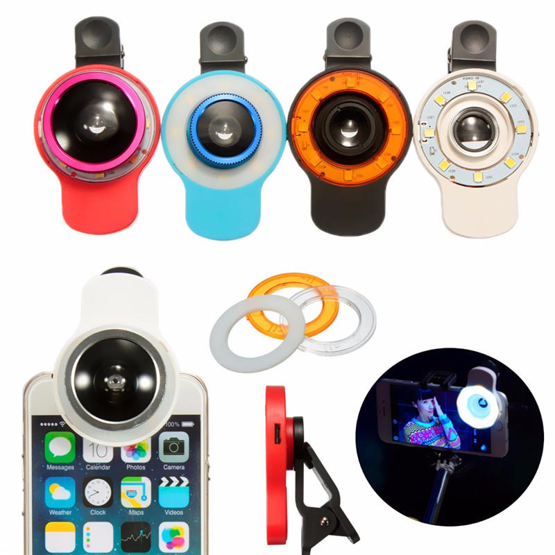 9 in 1 Clip-on Telefoon Selfie Speedlite 8 LED Zaklamp Lamp Groothoek Fish Eyes Lens Fill Lights