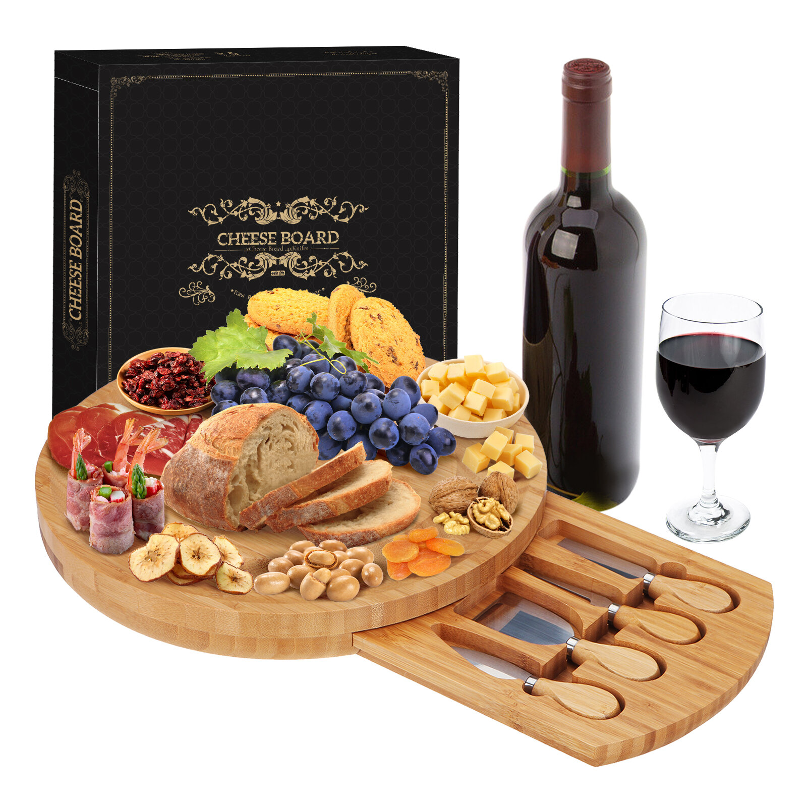 Cheese Cutting Board and Cheese Serving Platter Bamboo Tray and Knife Set Included 4 Steel Knife Four-Piece Cheese Plate Pull for Meat Wine & Cheese Entertaining