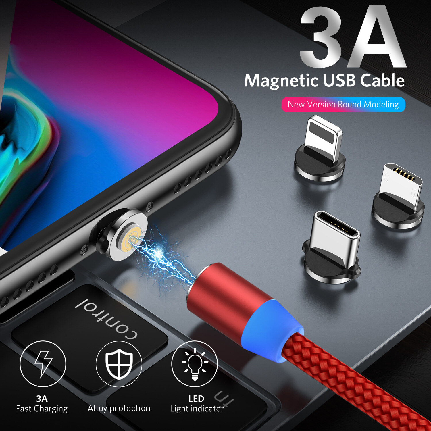 USLION 3A USB naar USB-C / Micro USB-kabel Magnetisch Snel opladen Gegevensoverdracht Koord Lijn 1 m