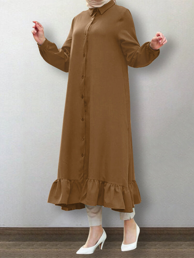 

Однотонный кафтан с рюшами и длинным рукавом с лацканами повседневные Рубашка Макси-платья для Женское