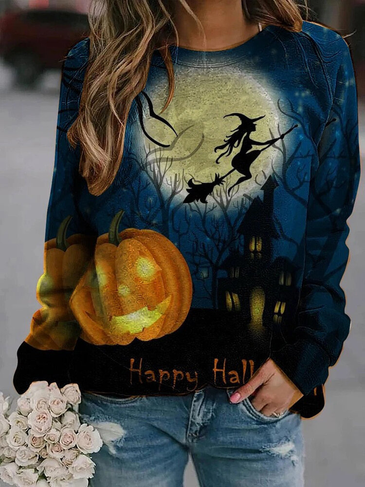 Women Halloween Element Allover Print Crew Neck Loose Pullover Sweatshirts