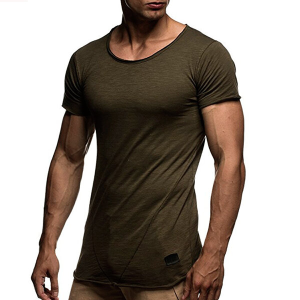 Summer mens breathable solid color short sleeve tops slim fit sports ...