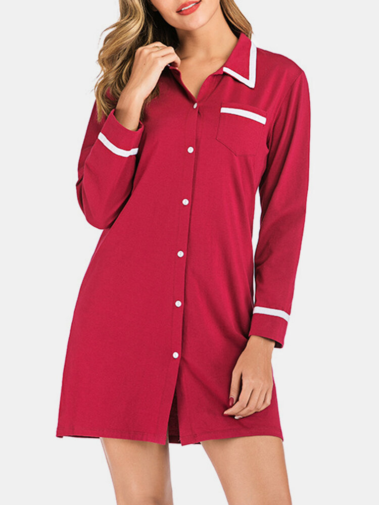 

Women Plain Cozy Long Sleeve Lapel Collar Shirt Nightdress Home Pajamas With Pocket