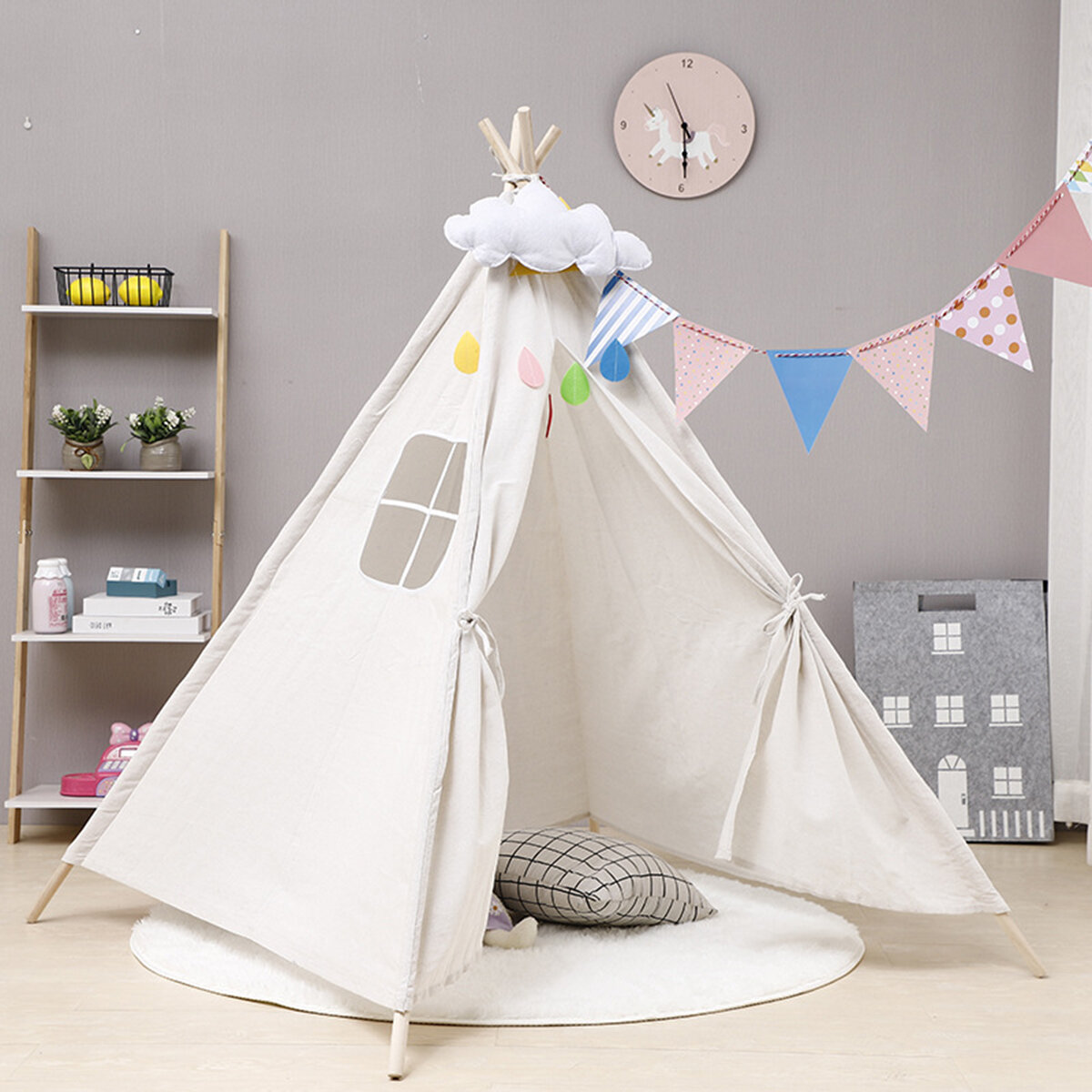 1.6M Large Teepee Tent Kids Cotton Canvas Pretend Play House Boy Girls Wigwam Gift