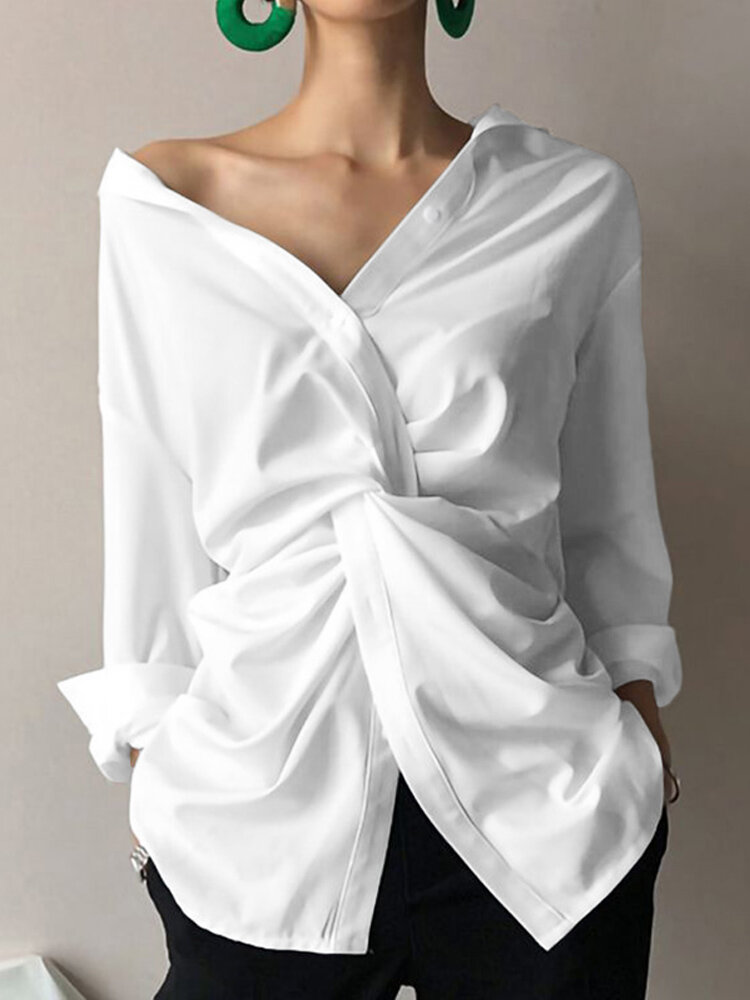 Women Solid Color Button Long Sleeve High Low Hem Casual Blouse
