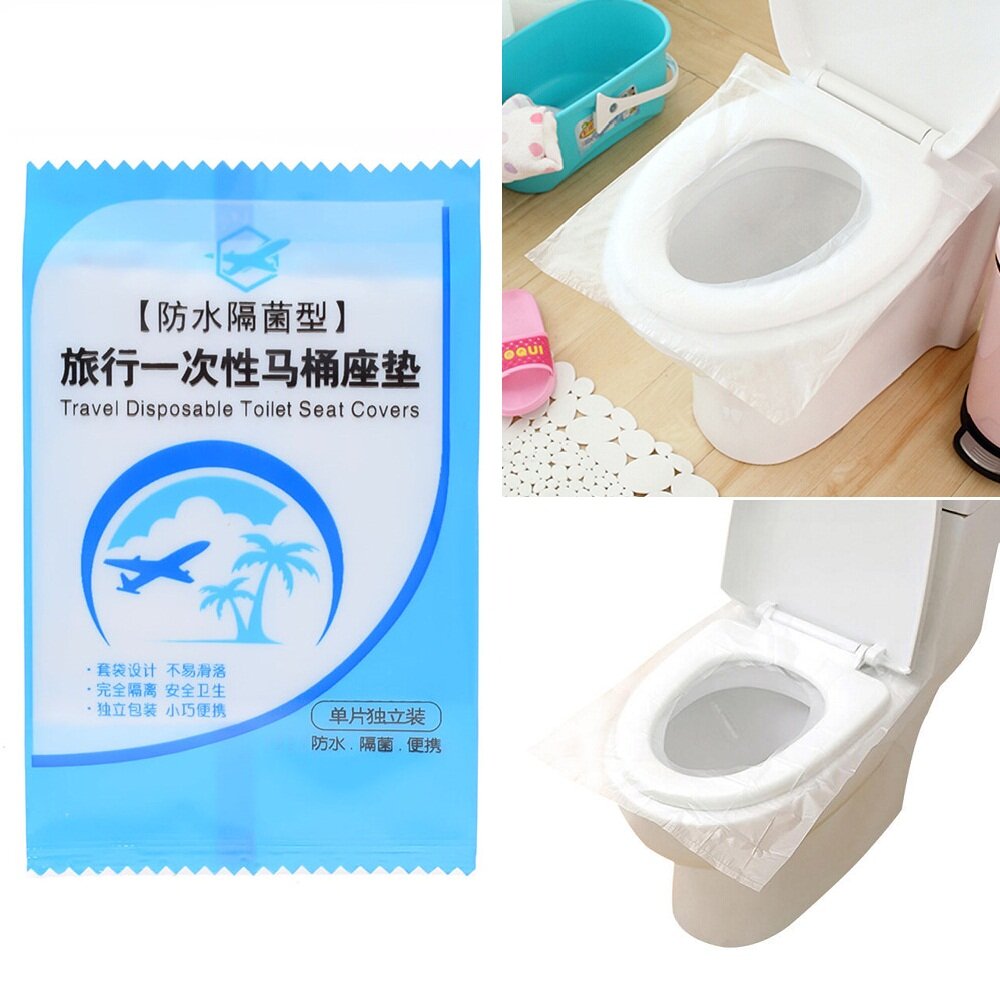 50 τεμάχια μιας χρήσης καλύμματα καθίσματος τουαλέτας αδιάβροχα και αντι-επαφής PE, ιδανικά για ταξίδια και κατασκήνωση.