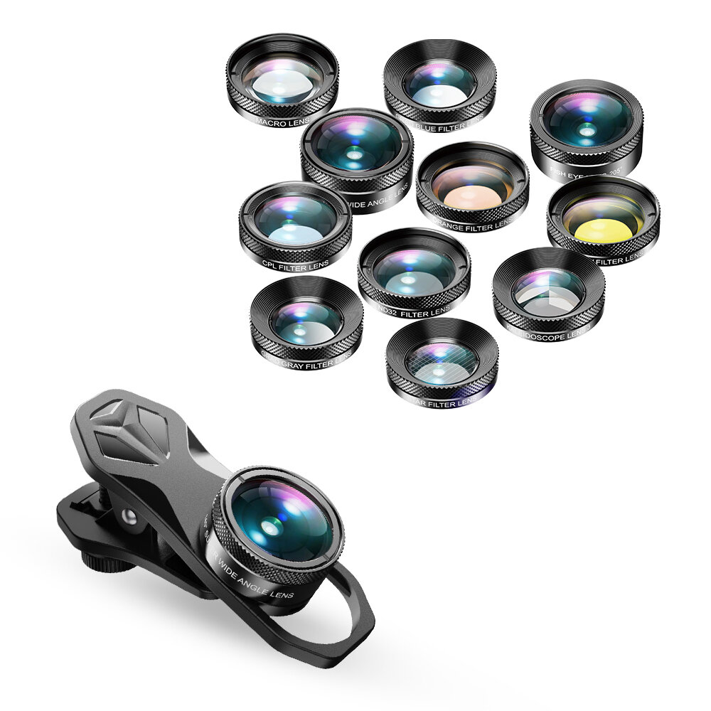 APEXEL 11 In 1 Phone Camera Lens Kit Wide Angle Macro Full Color/Grad Filter CPL ND Star Filter For 