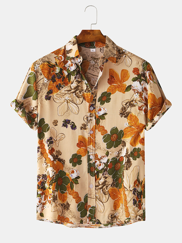 Camisas de manga corta con cuello vuelto y estampado floral de algodón para hombre Oil