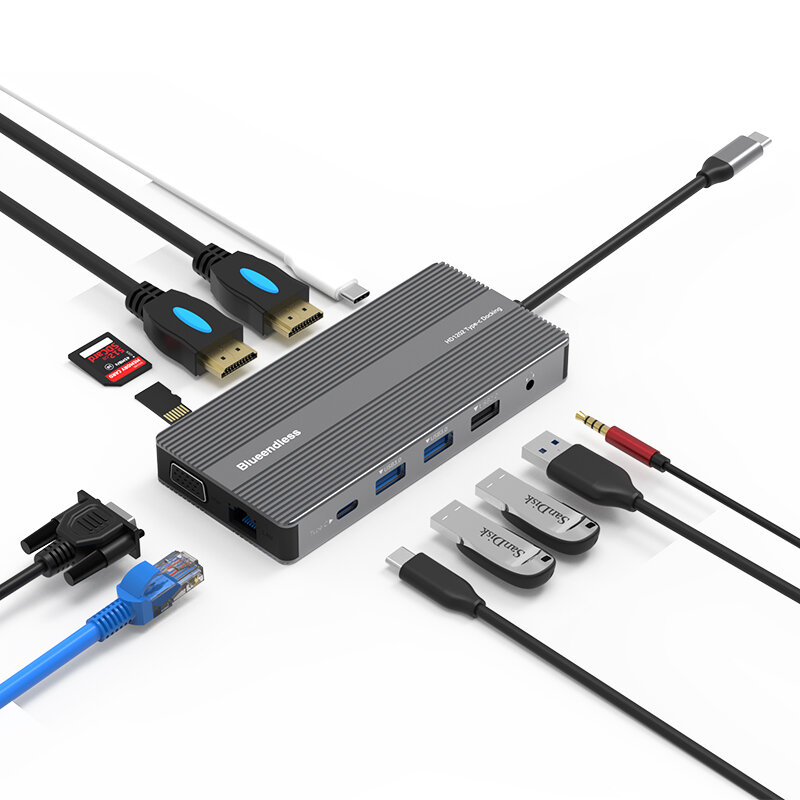 

Blueendless HD1202 12-In-1 USB Type-C Hub Docking Station Adapter With Dual 4K HDMI Display / 1080P VGA / 100W USB-C PD3